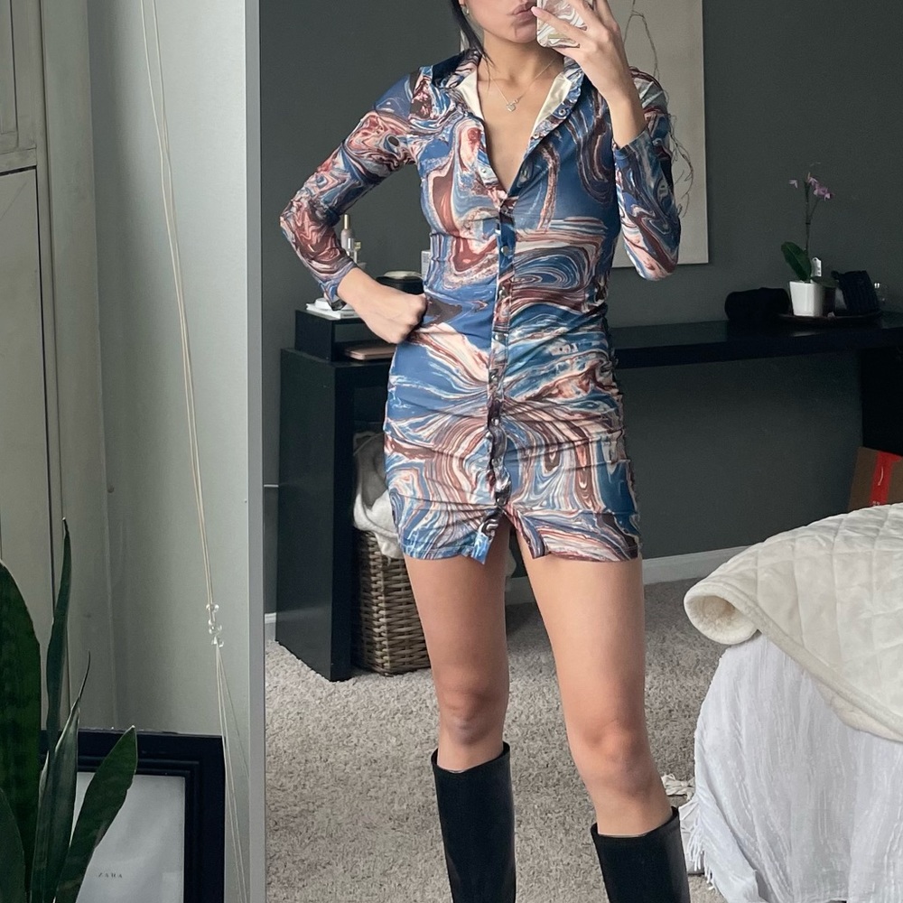 Princess Polly Tyler blue button down Bodycon long sleeve mini dress NWT